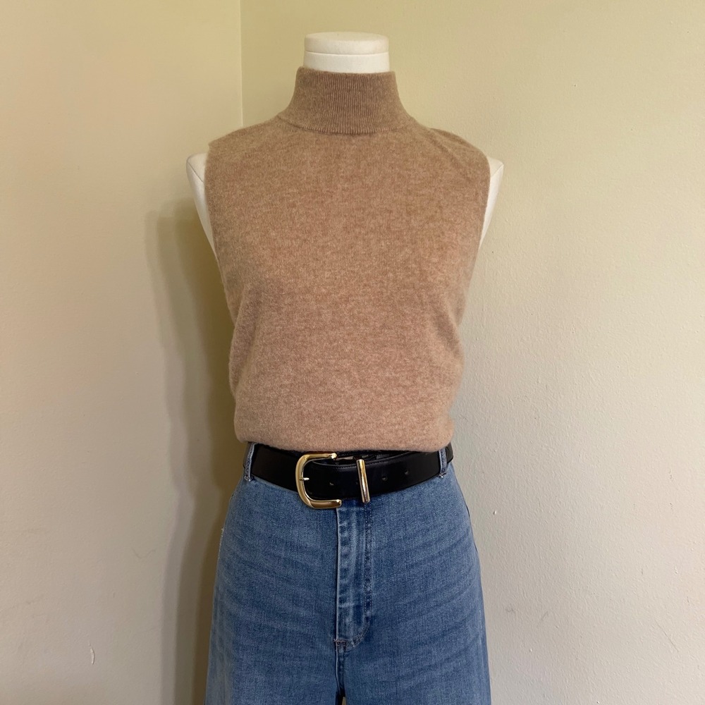 Halston 100% Cashmere Sleeveless Turtleneck Sweater Tan Camel Heather Large